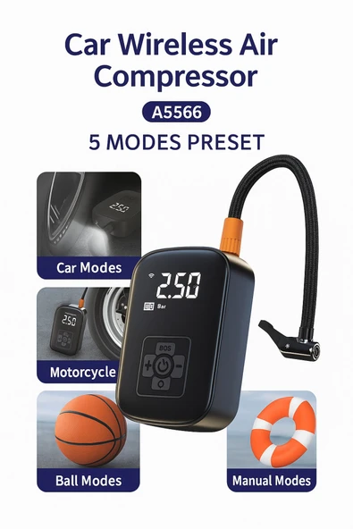 SMAYLİNG Kablosuz Dijital Hava Kompresörü | 4000 mAh Powerbank | 5 Modlu Şişirme Pompası - 4
