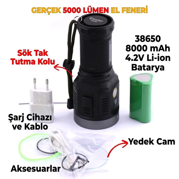 El Feneri Uzun Menzil 5000 Lümen 50W Li-ion 8000 mAh Şarjlı Powerbank Ledli Parlak Su Geçirmez Kamp - Resim 2