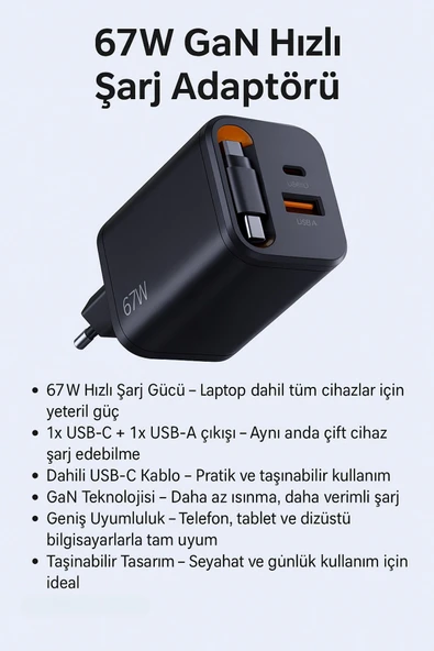 SMAYLİNG 67W GaN Hızlı Şarj Adaptörü – USB-C + USB-A Çıkışlı, Dahili Kablo