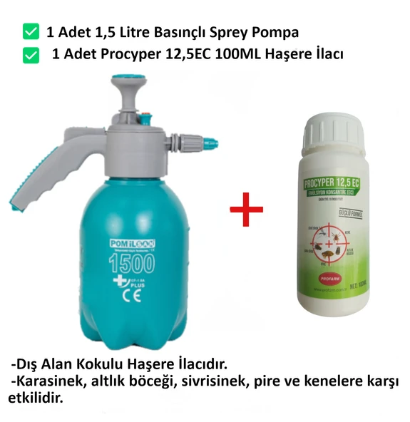 Procyper 12,5 Ec Kokulu Dış Alan Haşere Ilacı 100ML ve 1,5lt Basınçlı Pompa, Sivrisinek, Karasinek, Kene, Pire, Altıkböceği