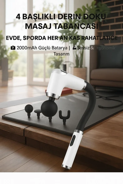 SMAYLİNG Şarjlı Masaj Tabancası - 4 Başlıklı, Sessiz Fırçasız Motor, Derin Doku Kas Masaj Aleti