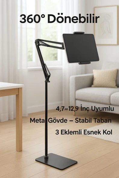 SMAYLİNG Metal Ayaklı 3 Eklemli Teleskopik Tablet ve Telefon Tutucu Stand – 360° Ayarlanabilir