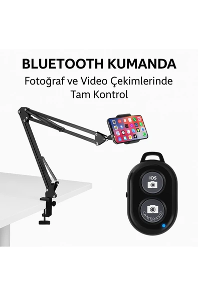 SMAYLİNG Üstten Çekim Telefon Standı + Bluetooth Kumanda Tripodlu Yayıncı Aksesuarı 360° Ayarlı