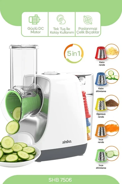 Sinbo SHB-7506 5'i 1 Arada Otomatik Doğrayıcı-Rende- Dilimleme Makinesi
