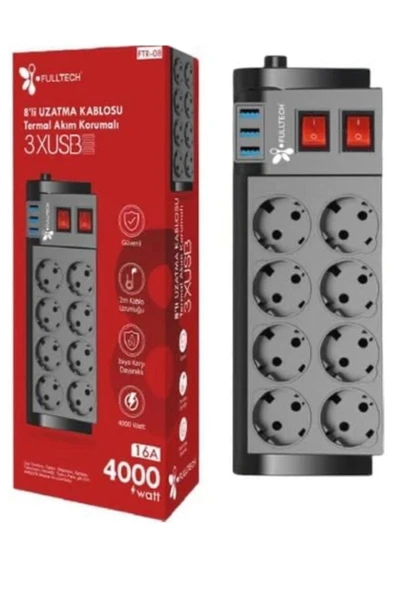 SMAYLİNG Termal Akım Korumalı 8'li Grup Priz, Isıya Karşı Dayanıklı, 8xPriz 3 x USB - 2 Metre Kablo Uzunluğu - 2