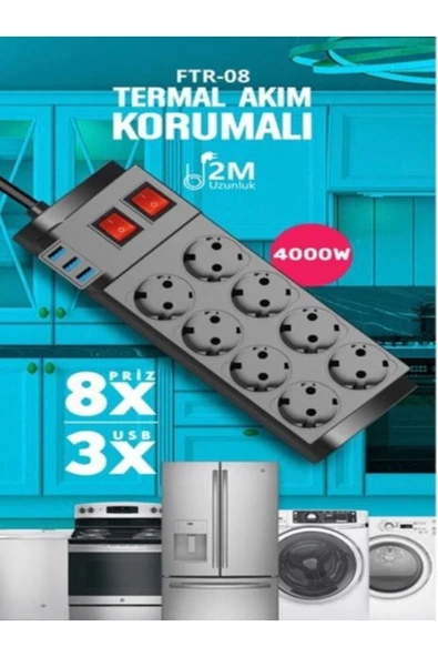 SMAYLİNG Termal Akım Korumalı 8'li Grup Priz, Isıya Karşı Dayanıklı, 8xPriz 3 x USB - 2 Metre Kablo Uzunluğu