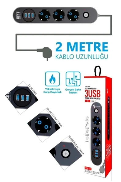 SMAYLİNG Termal Akım Korumalı 3lü Priz 3usb, 2mt Kablo Aç Kapa Anahtar 2500 Watt - 2