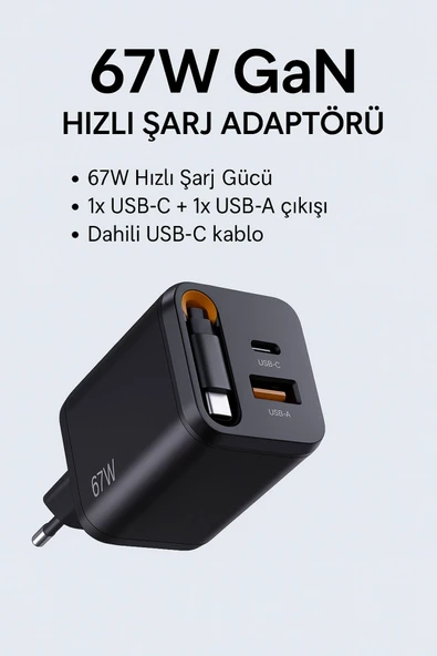 SMAYLİNG 67W GaN Hızlı Şarj Adaptörü – USB-C + USB-A Çıkışlı, Dahili Kablo - 2