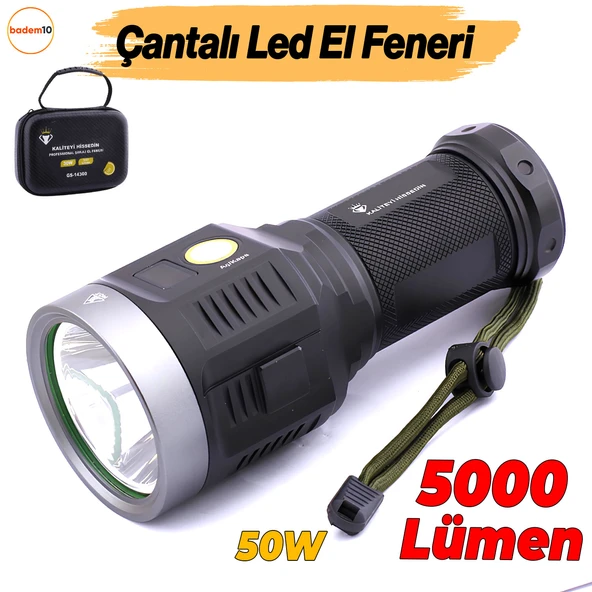 El Feneri Uzun Menzil 5000 Lümen 50W Li-ion 8000 mAh Şarjlı Powerbank Ledli Parlak Su Geçirmez Kamp ürün görseli