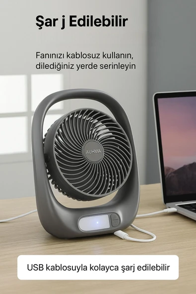SMAYLİNG Şarjlı Masaüstü Fan – LED Işıklı, 3 Kademeli Hız, 180° Ayarlanabilir Başlık, Sessiz ve Taşınabilir - 5