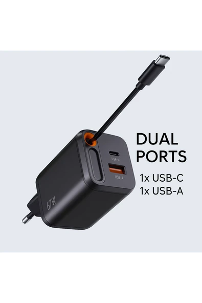 SMAYLİNG 67W GaN Hızlı Şarj Adaptörü – USB-C + USB-A Çıkışlı, Dahili Kablo - 4