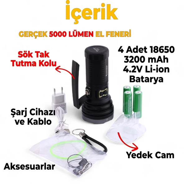 El Feneri 5000 Lümen Uzun Menzil 50W Li-ion 4 x 3200 mAh Şarjlı Powerbank Ledli Su Geçirmez Kamp - Resim 2