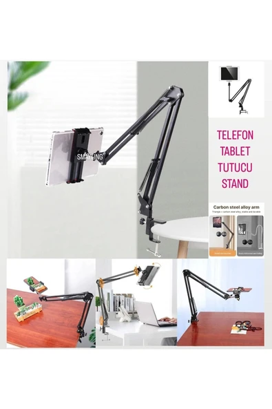 SMAYLİNG Tablet&telefon Tutucu Stand Uzun Kollu Masa Üstü Stant Ayarlanabilir Esnek Açılı 360° Oynar Başlıklı
