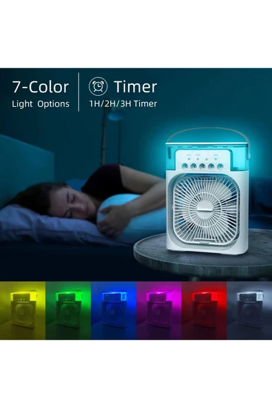 SMAYLİNG Taşınabilir Su Püskürtmeli Masa Üstü Fan 600 ml Hazne 7 Renk LED Işık Zaman Ayarlı Buz Eklenebilir - 4