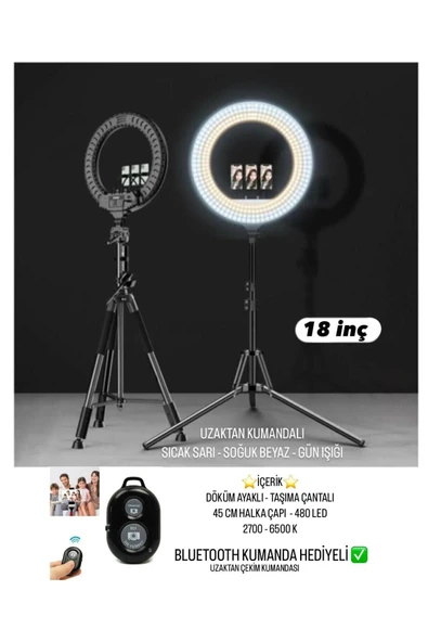 SMAYLİNG Ring Light Led 18’’ 45 Cm Işık Halkası Tiktok Youtube + 210 Cm Ayak Dahil Ring Light Led Kuaför