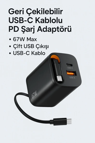 SMAYLİNG 67W GaN Hızlı Şarj Adaptörü – USB-C + USB-A Çıkışlı, Dahili Kablo - 6
