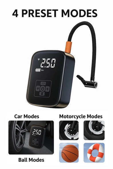 SMAYLİNG Kablosuz Dijital Hava Kompresörü | 4000 mAh Powerbank | 5 Modlu Şişirme Pompası - 2