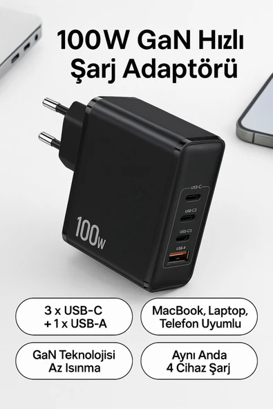 SMAYLİNG 100W GaN Hızlı Şarj Adaptörü | 3x USB-C + 1x USB-A | Laptop MacBook Telefon Uyumlu
