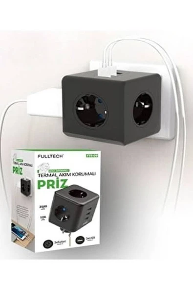 SMAYLİNG Termal Akım Korumalı Priz, Isıya Dayanıklı, Çocuk Koruması, 3'lü Duvar Tipi, 2 X USB - 2