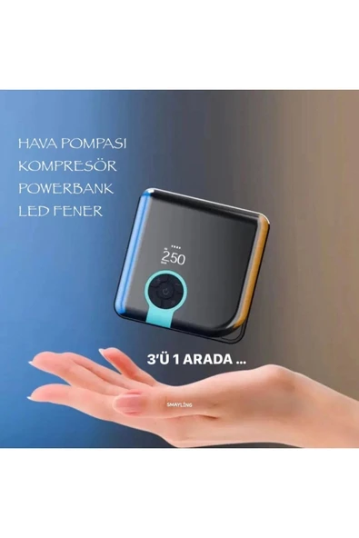 SMAYLİNG Dijital Göstergeli Araba Oto Araç Lastik Şişirme Pompası Hava Kompresörü Powerbank 4000mah Led Işık - 2