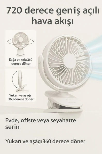 SMAYLİNG Şarj Edilebilir Mandallı Mini Vantilatör – 3 Kademeli Sessiz Masa Fanı - 3