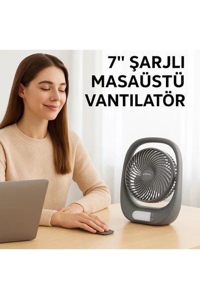 SMAYLİNG Şarjlı Masaüstü Fan – LED Işıklı, 3 Kademeli Hız, 180° Ayarlanabilir Başlık, Sessiz ve Taşınabilir - 7