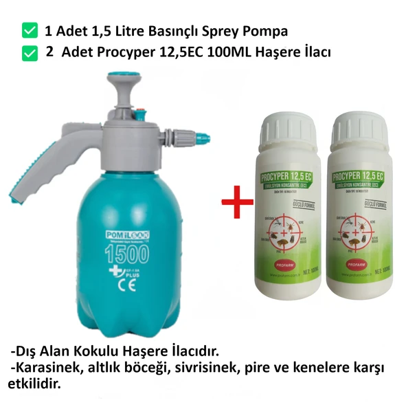 Procyper 12,5 Ec Kokulu Dış Alan Haşere Ilacı 100ML ve 1,5lt Basınçlı Pompa, Sivrisinek, Karasinek, Kene, Pire, Altıkböceği - 2