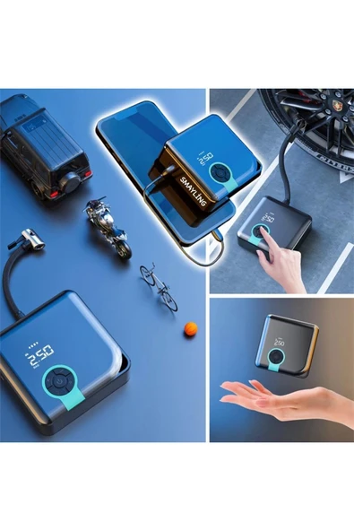 SMAYLİNG Dijital Göstergeli Araba Oto Araç Lastik Şişirme Pompası Hava Kompresörü Powerbank 4000mah Led Işık