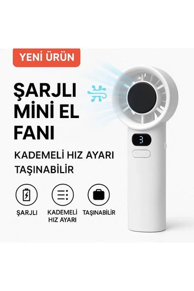 SMAYLİNG Şarjlı Mini El Fanı | Kademe Hız Ayarı, Taşınabilir Serinlik, Dijital Göstergeli