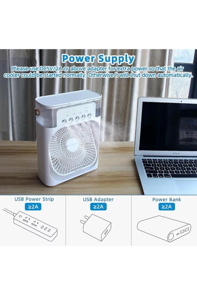 SMAYLİNG Taşınabilir Su Püskürtmeli Masa Üstü Fan 600 ml Hazne 7 Renk LED Işık Zaman Ayarlı Buz Eklenebilir - 3