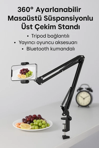 SMAYLİNG Üstten Çekim Telefon Standı + Bluetooth Kumanda Tripodlu Yayıncı Aksesuarı 360° Ayarlı - 6