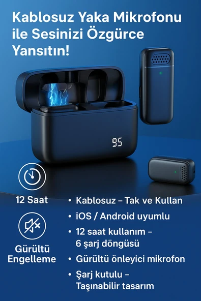 SMAYLİNG Kablosuz Yaka Mikrofonu iOS Android Uyumlu Şarjlı 12 Saat Kullanım Gürültü Önleyici typ-c