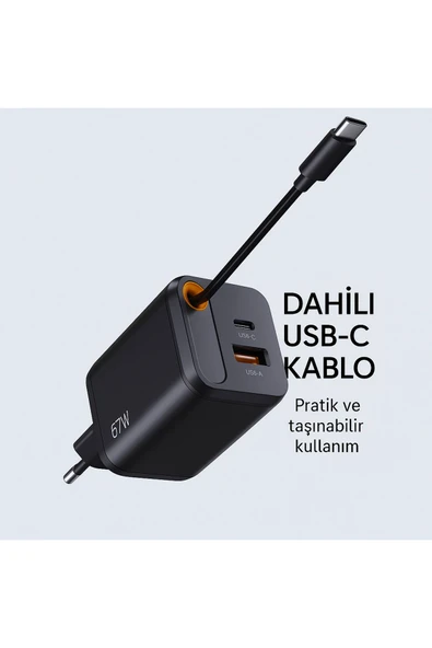 SMAYLİNG 67W GaN Hızlı Şarj Adaptörü – USB-C + USB-A Çıkışlı, Dahili Kablo - 5