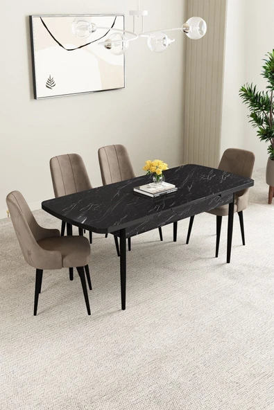 Mabel Siyah Mermer Desen 80x132 Açılabilir Mdf Masa Yemek Odası Takımı, Mutfak Takımı 4 Adet Sandalye Cappucino - 2