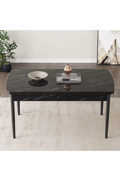 Mabel Siyah Mermer Desen 80x132 Açılabilir Mdf Masa Yemek Odası Takımı, Mutfak Takımı 4 Adet Sandalye Cappucino - 4