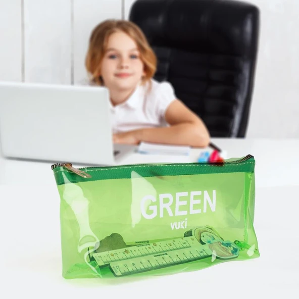 VUKI SEFFAF KALEM CANTASI UCGEN YESIL VK-0115-07 ürün görseli