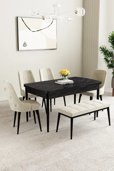 Mabel Siyah Mermer Desen 80x132 Açılabilir Mdf Masa Yemek Odası Takımı, Mutfak Takımı 4 Sandalye, 1 Bench Krem