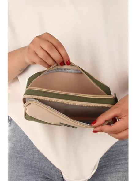 Relaxion Açık Kahverengi İki Gözlü Krinkıl Kumaş Kalem Çantası Kalemlik (173) - 3