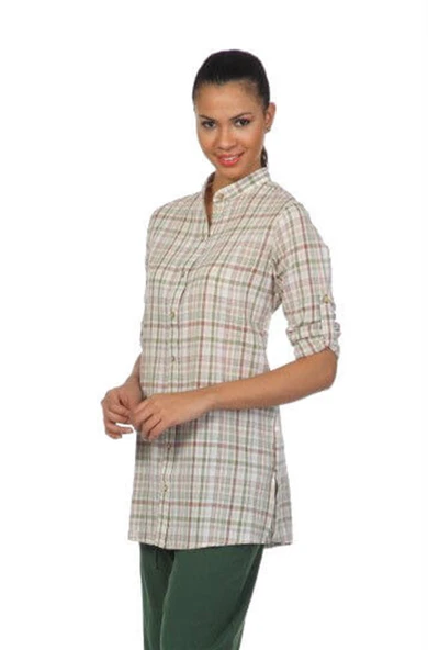 Kadın Şile Bezi Hakim Yaka Yazlık Tunik Krem Çizgili 3030 M Krem Ekose ürün görseli