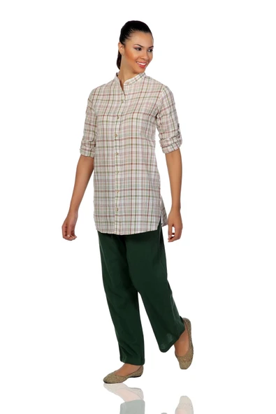 Kadın Şile Bezi Hakim Yaka Yazlık Tunik Krem Çizgili 3030 M Krem Ekose - Resim 2