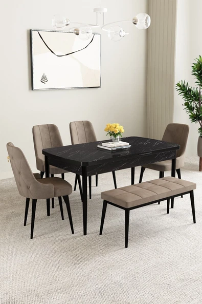 Mabel Siyah Mermer Desen 80x132 Açılabilir Mdf Masa Yemek Odası Takımı, Mutfak Takımı 4 Sandalye, 1 Bench Cappucino - 1