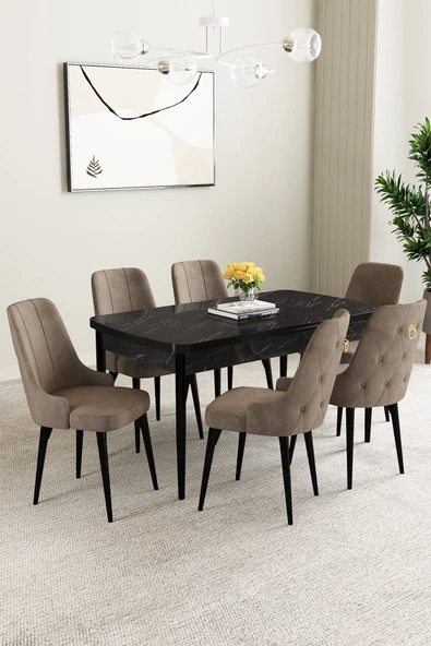 Mabel Siyah Mermer Desen 80x132 Açılabilir Mdf Masa Yemek Odası Takımı, Mutfak Takımı 6 Adet Sandalye Cappucino