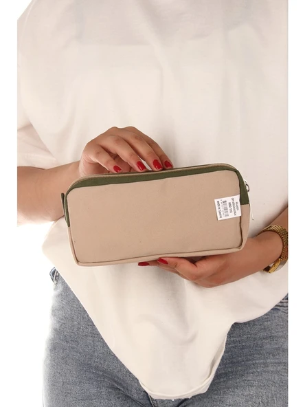 Relaxion Açık Kahverengi İki Gözlü Krinkıl Kumaş Kalem Çantası Kalemlik (173) - 2