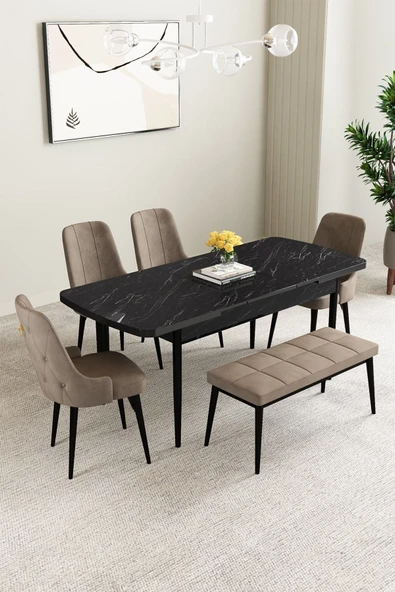 Mabel Siyah Mermer Desen 80x132 Açılabilir Mdf Masa Yemek Odası Takımı, Mutfak Takımı 4 Sandalye, 1 Bench Cappucino - 2