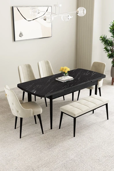 Mabel Siyah Mermer Desen 80x132 Açılabilir Mdf Masa Yemek Odası Takımı, Mutfak Takımı 4 Sandalye, 1 Bench Krem - 2