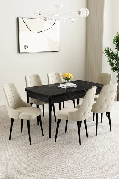 Mabel Siyah Mermer Desen 80x132 Açılabilir Mdf Masa Yemek Odası Takımı, Mutfak Takımı 6 Adet Sandalye Krem