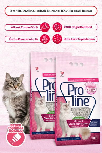 Pro Line Proline Bebek Pudrası Kokulu Ince Tane Topaklanan Kedi Kumu 10 Lt X 2 Adet