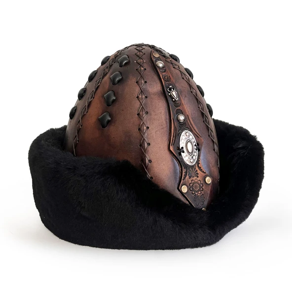 Shark Anatolia Ertuğrul Gazi Kabartma Desen Metal Broş Hakiki Deri Börk Şapka Kahve-Siyah-58 - 3