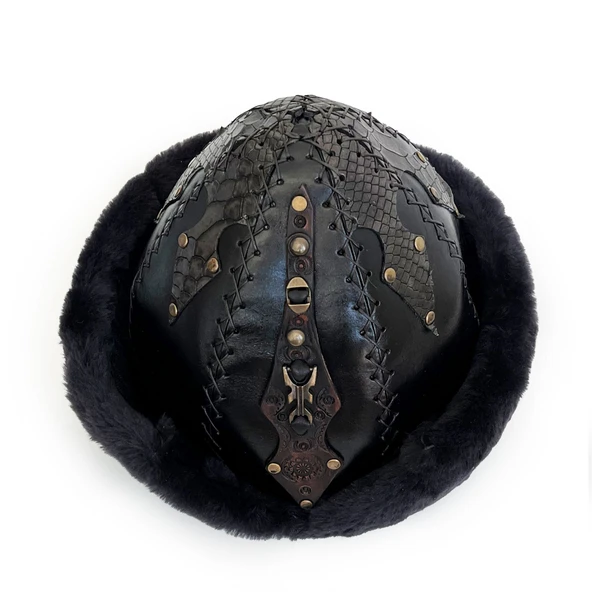 Shark Anatolia Ertuğrul Gazi Zımbalı Pirinç Broş Çapraz Dikiş Hakiki Deri Börk Şapka Siyah-60 - Resim 3