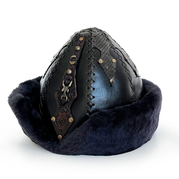 Shark Anatolia Ertuğrul Gazi Zımbalı Pirinç Broş Çapraz Dikiş Hakiki Deri Börk Şapka Siyah-60 - Resim 5